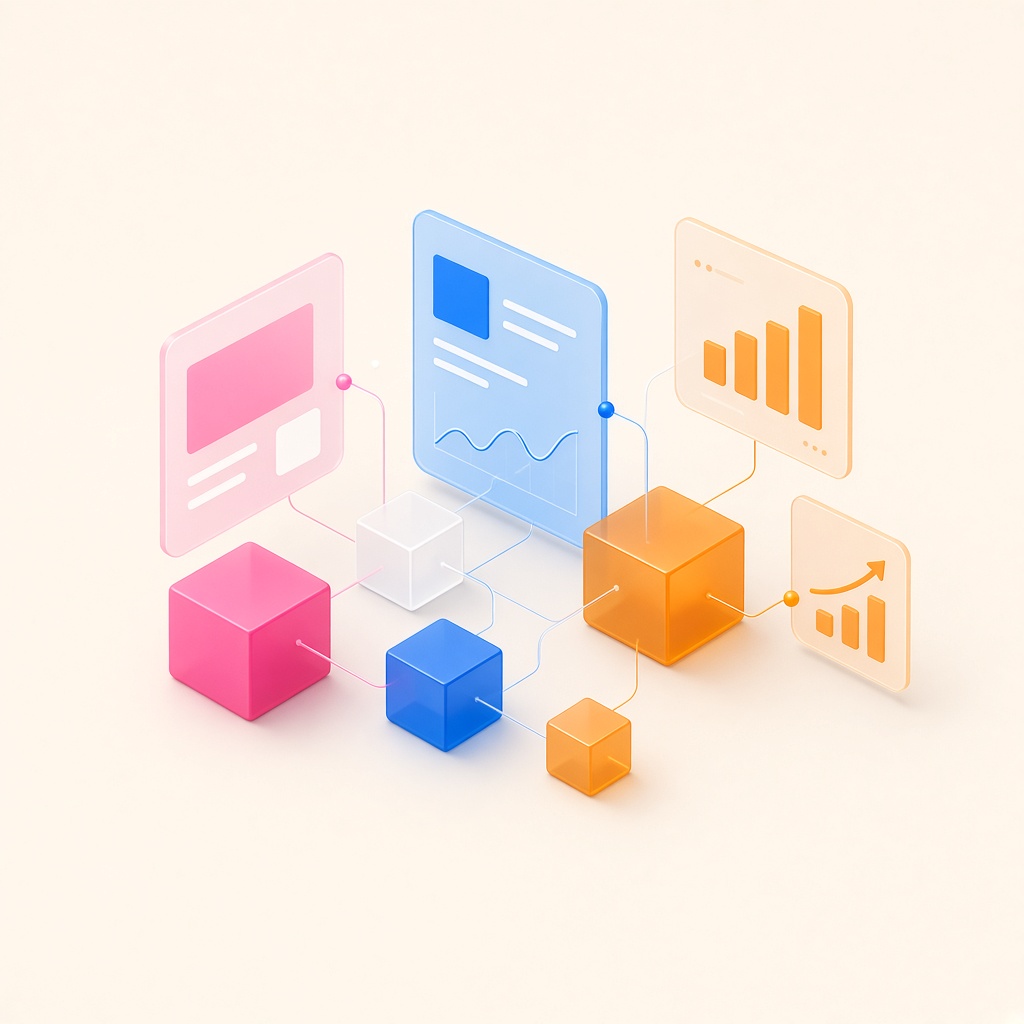 Connected cubes, screens, and charts — a digital system taking shape