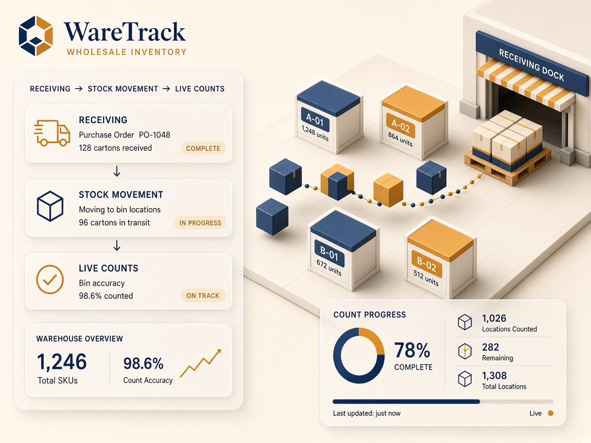 WareTrack receiving, stock movement, and live counts
